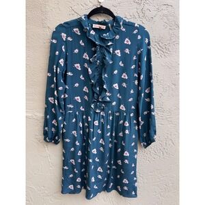 Rebecca Taylor Teal Floral Silk Ruffle Long Sleeve Mini Dress SZ 6 Chic Romantic